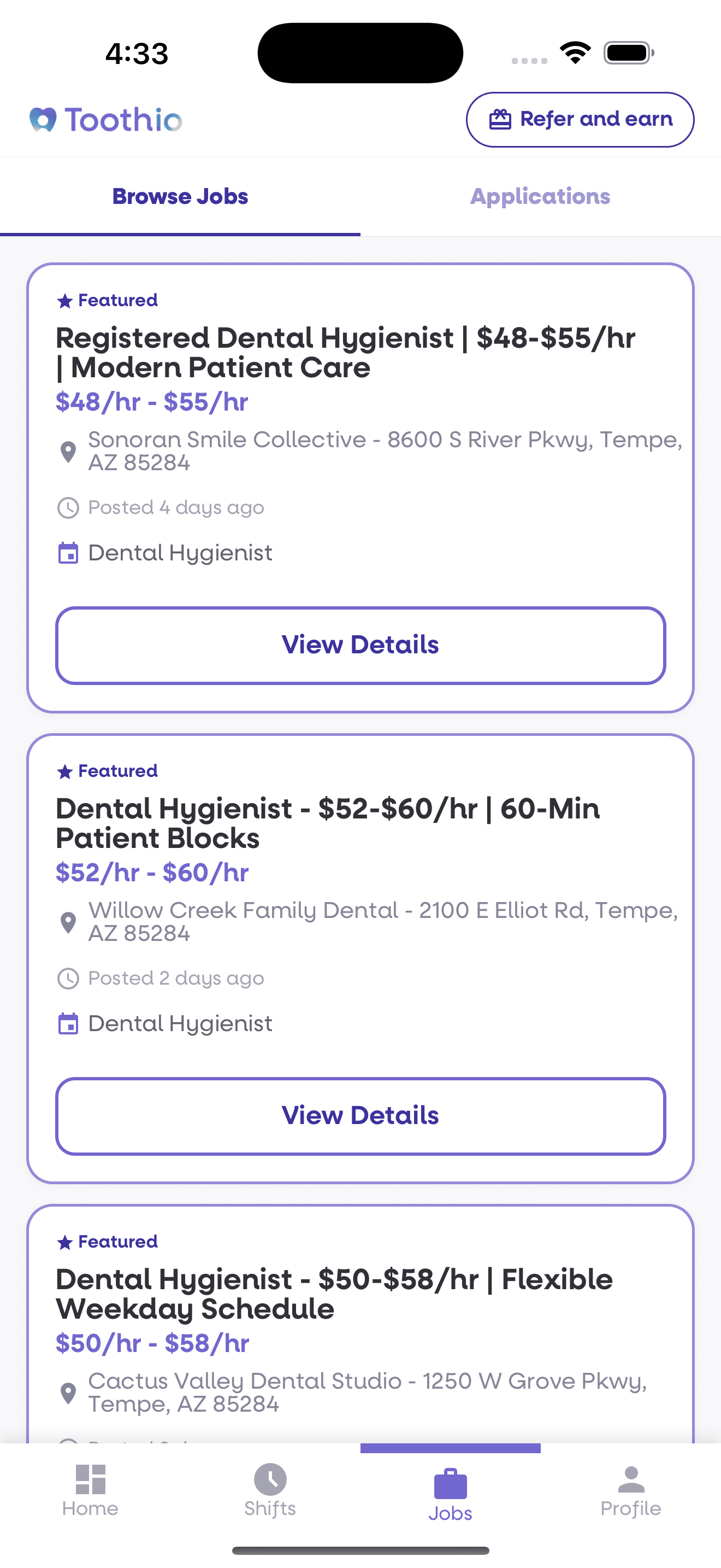 Toothio Pro permanent dental jobs screen